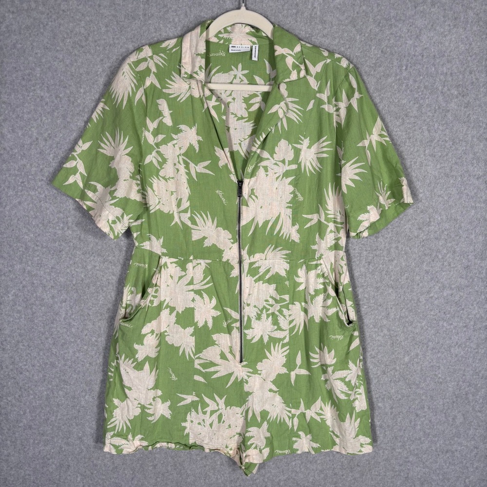 ASOS DESIGN Playsuit Romper 12 Green Cream Tropical Hawaiian‎ Zip Up Pockets